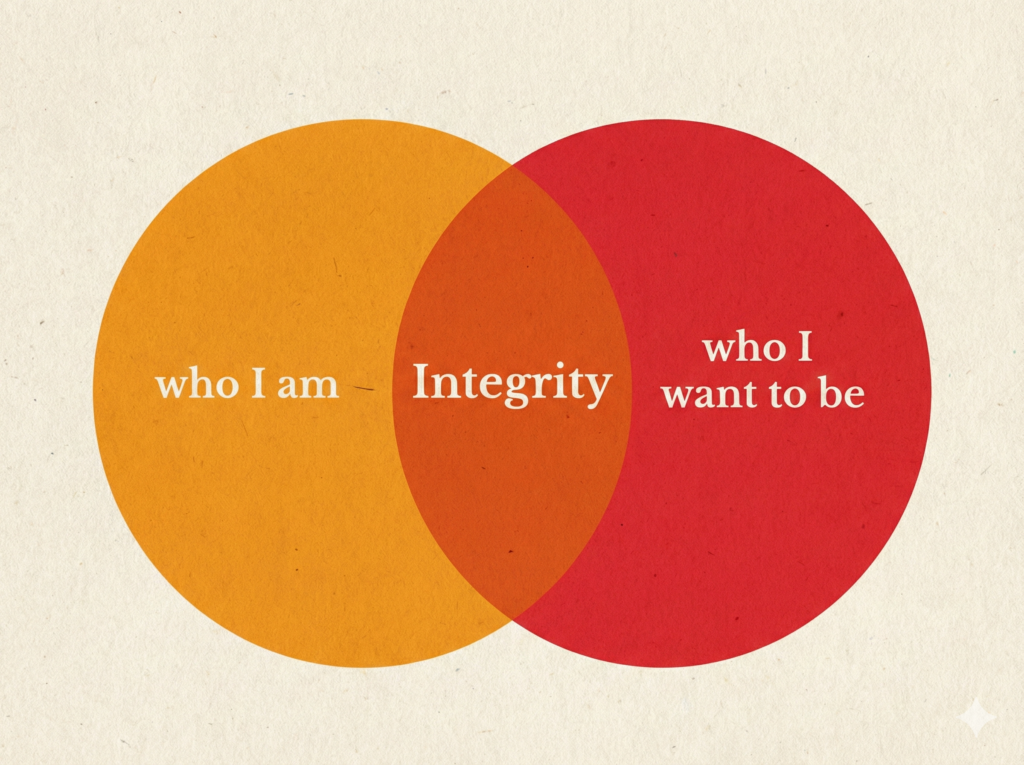 A textured illustration of a Venn diagram on vintage paper. The left orange circle is labeled 'who I am', the right red circle is labeled 'who I want to be', and the overlapping center is labeled 'Integrity'.