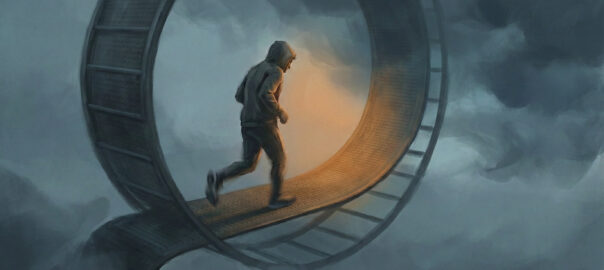 A figure running on a treadmill that curves into a large wheel, resembling a hamster wheel and suggesting endless motion without progress.