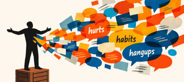 A figure standing on a crate with arms open wide, releasing a cascading stream of shapes and pages. The words "hurts," "habits," and "hangups" are visible among the stream.
