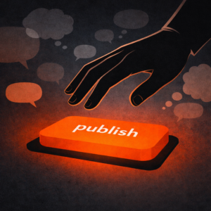 A hand hesitating above a glowing button, surrounded by faint floating speech and thought bubbles.