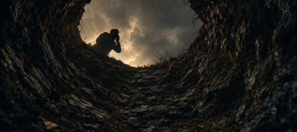 Alt text: A dark silhouette leans over the jagged rim of a deep hole, shouting downward into the shadows, framed by cold rocky walls and a muted golden-gray sky.